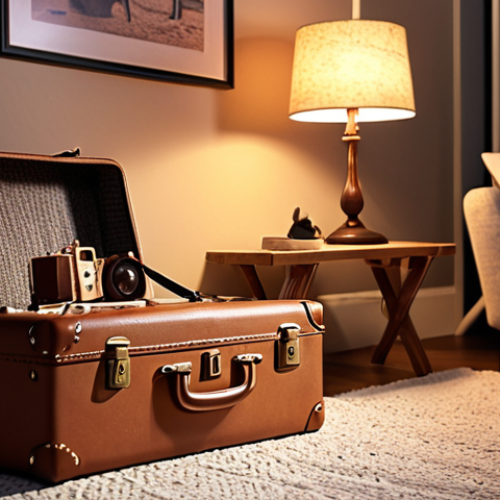 **A cozy living room scene at dusk, lit by warm, dimmable LED lighting. Focus on a repurposed vintage suitcase, now a unique lamp, casting a soft glow. Incorporate elements of "hygge" – soft textures, warm colors, and a sense of tranquility.**