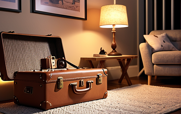 **A cozy living room scene at dusk, lit by warm, dimmable LED lighting. Focus on a repurposed vintage suitcase, now a unique lamp, casting a soft glow. Incorporate elements of "hygge" – soft textures, warm colors, and a sense of tranquility.**